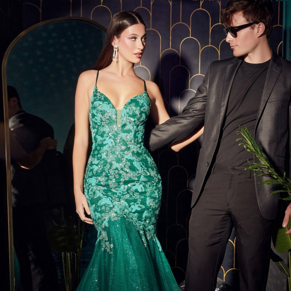 Cinderella Divine, Ladivine Green Floral Lace Up Back Mermaid Gown Size 10